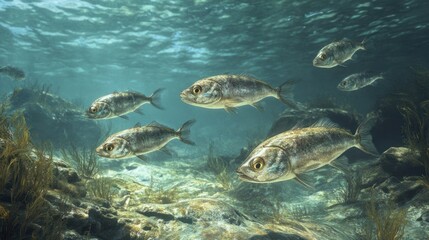 A school of small, prehistoric jawless fish swimming along the seafloor in ancient waters.