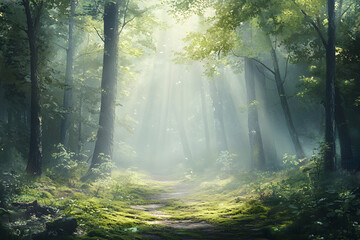 Obraz premium Forest path shrouded in mist, with sunlight softly breaking through tall trees, casting beams of light on moss-covered ground.