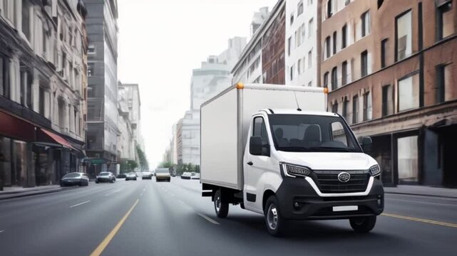 Empty blank white mockup on the small truck vehicle driving through the city street, template for advertisement , delivery truck van for ecommerce products created with generative ai	