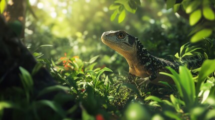 Obraz premium A small, agile prehistoric reptile darting through thick vegetation, hunting insects in a lush jungle.
