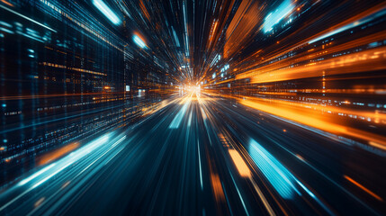 Obraz premium Dynamic light trails and motion blur in a dark blue abstract background 