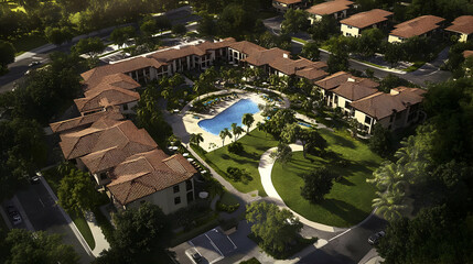 Fototapeta premium Real Estate - Aerial view of a residential complex with a pool and landscaped gardens.