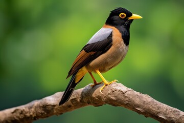 A common myna is standing gracefully on a branch displaying its striking colors amidst a vivid green backdrop highlighting its unique beauty in nature