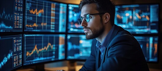 A focused professional analyzes data on multiple screens in a modern office environment.