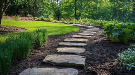 A serene garden path lined with stone slabs, surrounded by lush greenery and flowers.