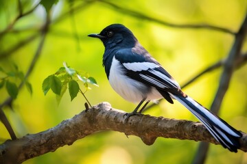 Obraz premium An oriental magpie robin perches gracefully on a branch surrounded by vibrant foliage capturing the beauty of morning sunlight filtering through the leaves
