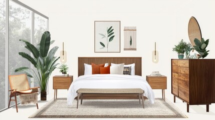 A contemporary bedroom showcasing wooden furniture, green plants, and nature-inspired artwork for a tranquil ambiance.