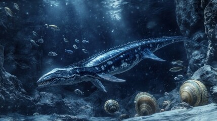 An ichthyosaur hunting smaller fish in the deep waters of a Mesozoic ocean, surrounded by ammonites.