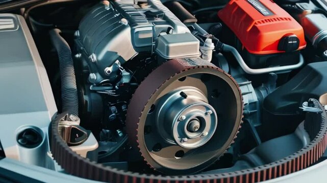 Belt drive of Diesel engine electric generator. Close up car timing belt created with generative ai.	
