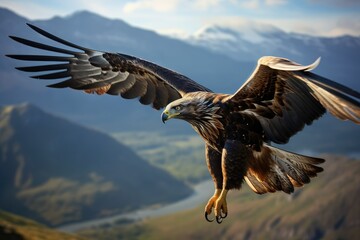 Obraz premium A hawk glides effortlessly through the air its wings fully extended as it navigates the breathtaking mountain landscape at dusk capturing the beauty of nature