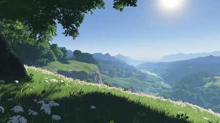 A serene hilltop view overlooking a lush valley with rolling hills.
