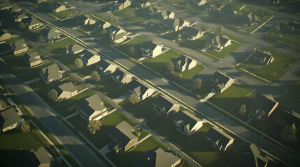 Real Estate - Aerial view of a suburban neighborhood with houses and green lawns.