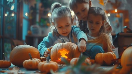 Fototapeta premium Children carving pumpkins with their family in a cozy setting on color background