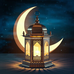 Traditional Islamic Lantern With Crescent Moon in Background for Holy Month of Ramadan.