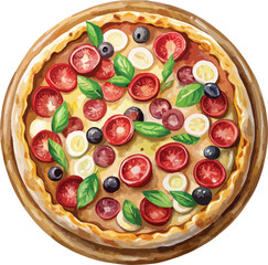 Pizza with salami, tomatoes, olives and cheese