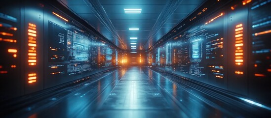 A futuristic corridor filled with glowing data panels and a sleek, reflective floor.