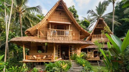 Traditional Bamboo House in Lush Jungle Setting