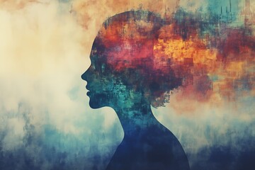 A silhouette of a woman filled with vibrant abstract colors, symbolizing creativity, imagination, and the harmony of emotions, thoughts, and artistic expression.