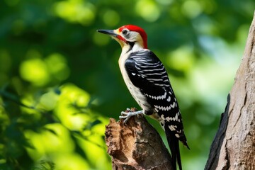 Fototapeta premium The woodpecker stands elegantly on a tree stump showcasing its vibrant red cap and striking black and white feathers in a sunlit forest