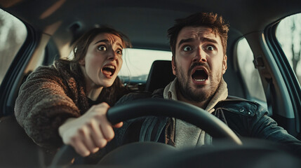 Obraz premium Dramatic Scene of a Couple in a Car Reacting with Shock and Panic While Driving, Perfect for Road Safety Campaigns, Entertainment, or Automotive Projects