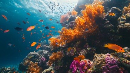 105. A vibrant coral reef with a variety of fish swimming among colorful corals