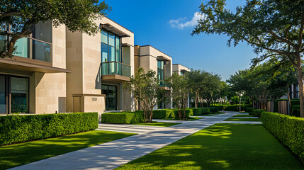Real Estate - Modern residential buildings with landscaped pathways and greenery under a clear blue sky.