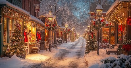 Fototapeta premium Charming Winter Street Scene with Festive Decorations. AI generated illustration.
