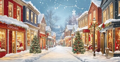 Fototapeta premium Charming Winter Street Scene with Festive Decorations. AI generated illustration.