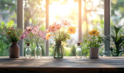 Bright Floral Arrangement on a Wooden Table with Sunlight Streaming Through the Window