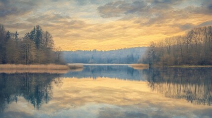 Fototapeta premium 113. A peaceful lakeside scene at dusk, with reflections of trees in the calm water