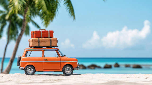 Fototapeta vintage orange car with luggage on beach