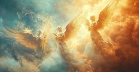 Angels singing celestial hymns in a serene heavenly atmosphere with divine light. AI generated illustration.