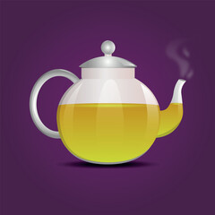 Glass realistic transparent teapot of green hot tea.