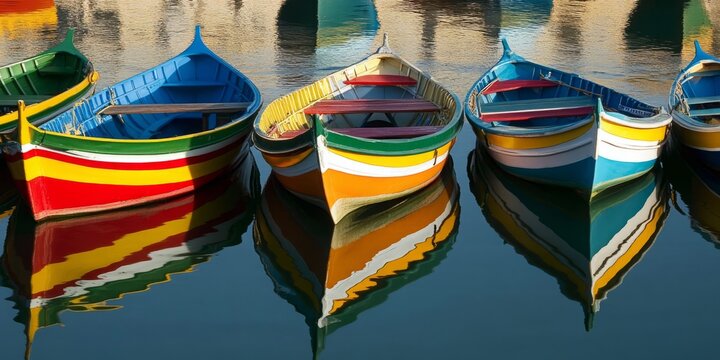  Colorful traditional luzzu boats floating peacefully on the water in Marsaxlokk, Malta, showcasing the vibrant maritime culture and stunning scenery of this picturesque fishing village.
