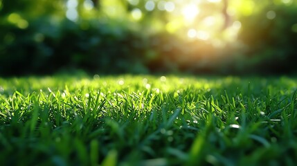 Naklejka premium Lush green grass with sunlight glistening, creating a serene natural ambiance.