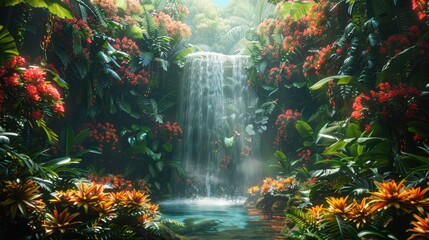 Naklejka premium Serene Waterfall in Lush Tropical Jungle