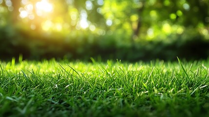 Naklejka premium Lush green grass under soft sunlight, perfect for a serene outdoor setting.