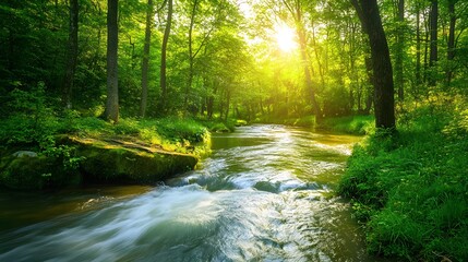 Obraz premium 124. A tranquil river winding through a lush forest, with sunlight filtering through the leaves