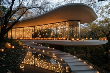 Fototapeta premium A striking, curved glass home is surrounded by numerous glowing pumpkins, offering a seamless merger of organic design and autumnal festivity amidst natural beauty.