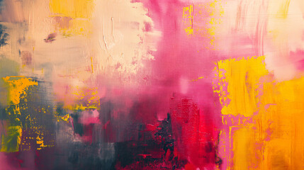 Vibrant abstract painting with bold pink, yellow, and red brushstrokes. Minimal flat background for design 