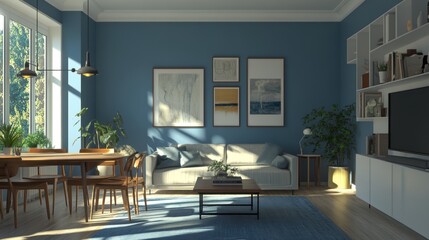 Fototapeta premium A cozy living room featuring blue walls, wooden furniture, framed artworks, and lush green plants with natural light.