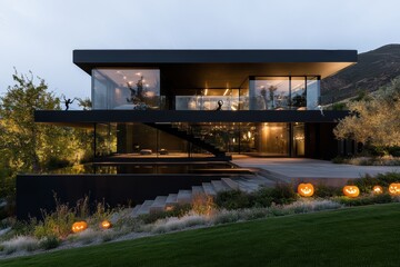 Obraz premium A sleek black modern house is adorned with glowing Halloween pumpkins that line the garden, creating a strikingly contrast against the evening landscape.