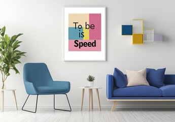 Featuring a blue chair and sofa, geometric art walls, and a minimalistic style, this space emphasizes simplicity and style.
