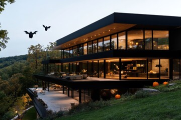 Obraz premium A sleek hillside home featuring modern architecture with glowing interiors, complemented by flying bat silhouettes and scattered pumpkins for Halloween elegance.