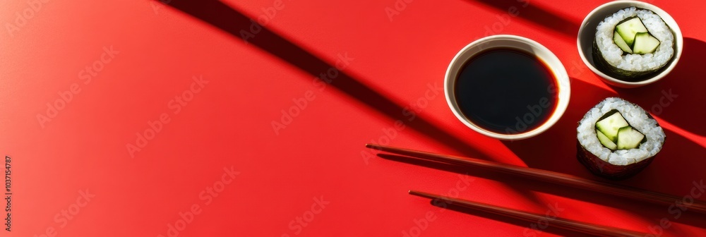 Poster A sushi roll featuring cucumber sits alongside a bowl of soy sauce and chopsticks, all placed on a striking red backdrop. Generative AI