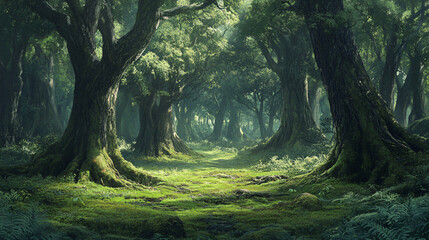 Obraz premium A serene forest landscape with towering trees and a soft carpet of moss.