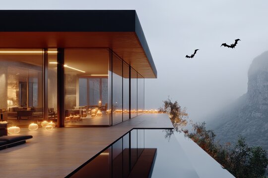 A cliff-edge home boasts an alluring infinity pool that complements its soft glowing interior, with bats gracefully gliding through the misty atmospheric scene.