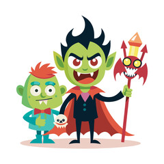 Halloween cartoon monster characters with a devilish leader and minions.