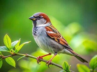 Fototapeta premium Beautiful Sparrow Balancing on Twig in Nature - Candid Wildlife Photography