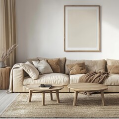This cozy living room features neutral tones and textured fabrics, inviting an ambiance of warmth and comfort for relaxation.